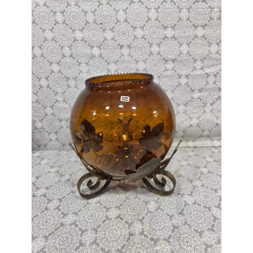 Amber Glass Bowl Vase with Metal‎ Stand Spain Leaves Design Home Decor Fall